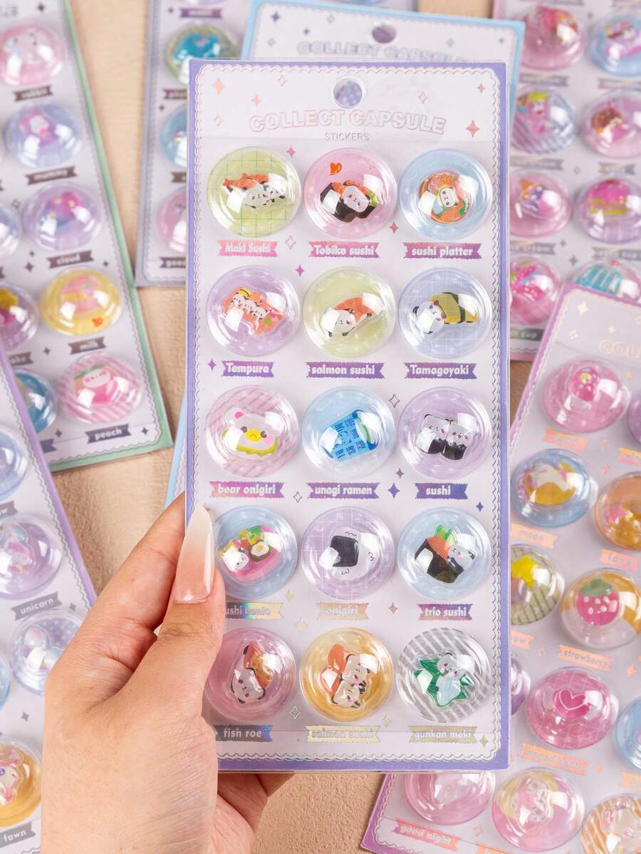 [2026 New] 3D Capsule Glitter Stickers, Transparent Capsule Shape, Cute Cartoon Style Design. Waterproof, Reusable, Repositionable, Self-Adhesive, Made Of High-Quality Resin Material. - Multiple Colors Available [Style/Packaging Random] - View 1