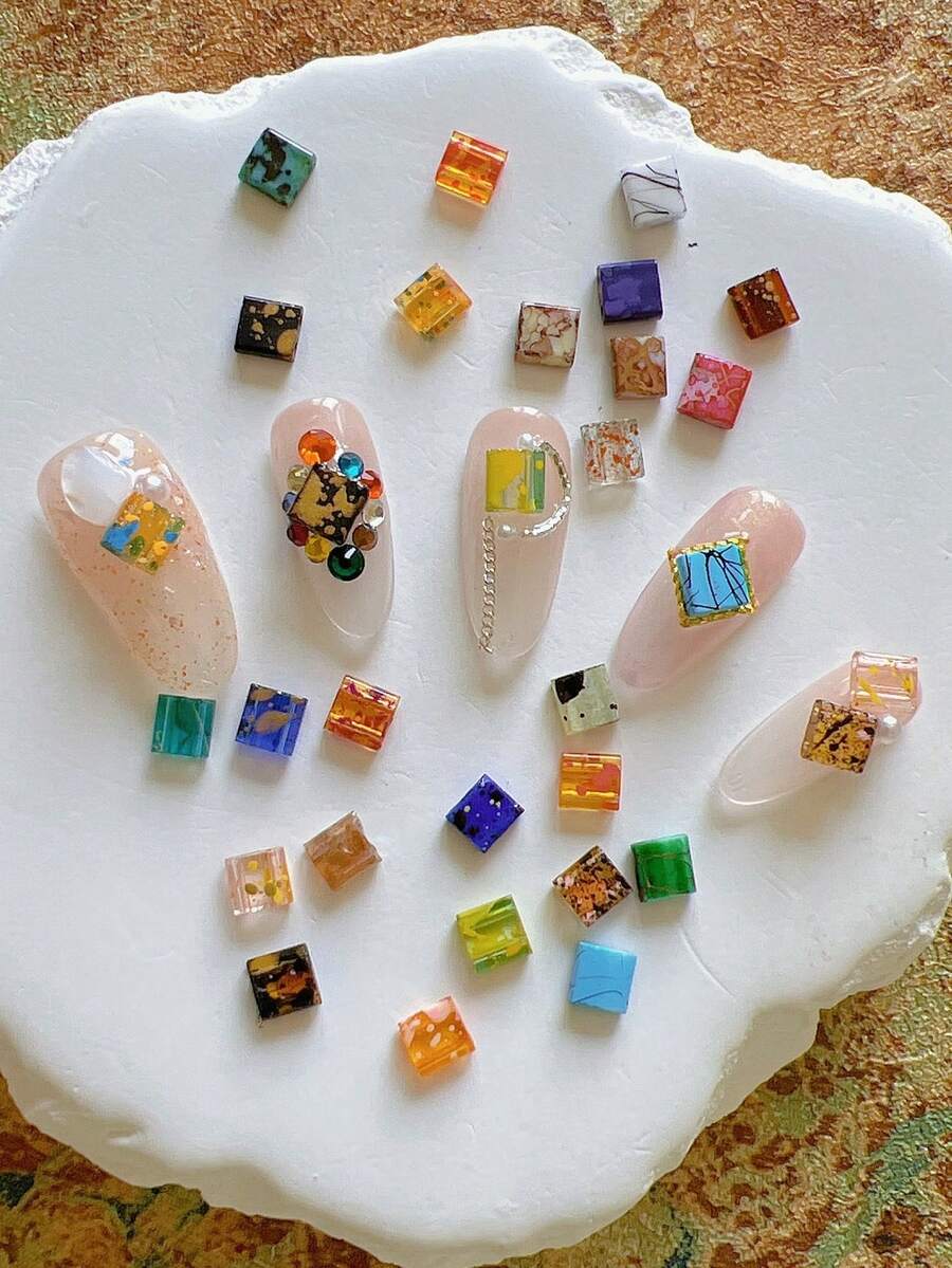 1入 紮染樹脂方形開孔美甲裝飾片,百搭極簡 3D 美甲配件美甲飾品 - 彩色 - 查看 1
