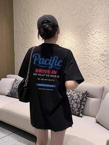 女士休闲圆领字母印花宽松短袖T恤，适合春夏穿着，黑色 - 黑色 - 查看 4