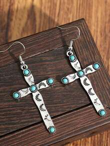 1 Pair Retro Western Style Cross Inlaid Turquoise Pendant Earrings, Vintage Distressed Cross Earrings For Women - Antique Silver - View 9