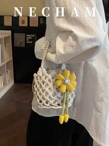 1pc Floral Decor Minimalist Hollow Out Solid Color Handbag, Niche Design Versatile Tote Bag - White - View 3