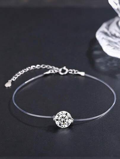 1 pezzo Braccialetto in argento sterling S925 minimalista con linea di pesca trasparente e zirconia cubica sintetica, nuovo stile di moda europeo e americano, regalo per San Valentino, compleanno, festa della mamma, adatto per uso quotidiano, vacanze, regalo
