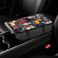 1pc Printed Cartoon Floral & Puppy Vintage Painting Style Armrest Box Pad, Car Interior Accessory - Flower Puppy - View 2