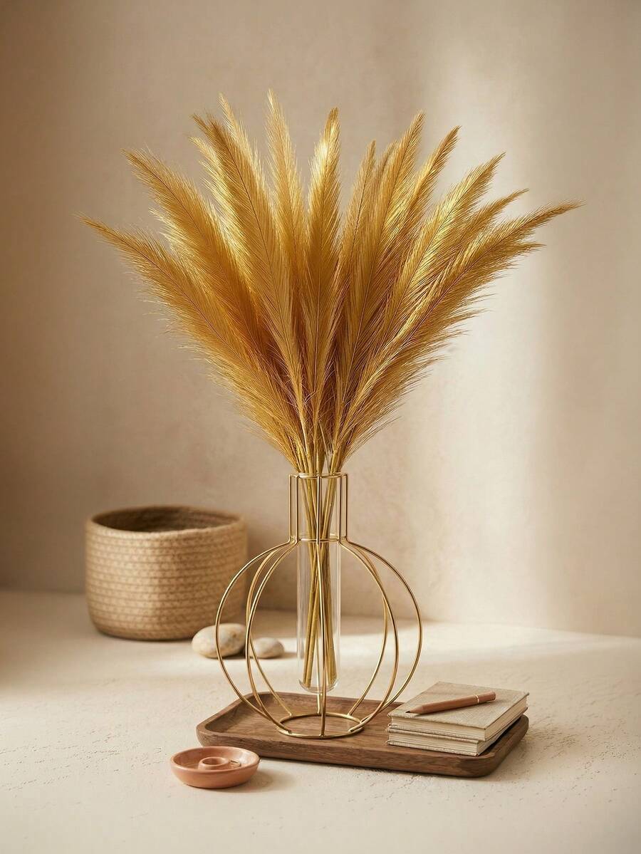 1 Stück geometrische Metall-Eisen-Blumenvase mit Durchbruchmuster, rustikale Vintage-Landhaus-Heimdekoration, goldene Zylindervase mit klarem Einsatz für Blumenstiele, Blumenarrangement-Tischschmuck für Hochzeit, Wohnzimmer, Tischdekoration, Pampasgras und Kunstblumen - B - Übersicht 1