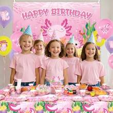 XPink Axolotl Birthday Party Decorations - Axolotl Party Plies Including Backdrop Plate Cake Topper Cup Napkin Balloon Tablecloth - Serves 201 - Pink - View 7