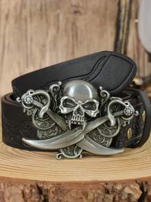 1PC Men's Vintage Western PU Leather Belt, Retro Skull & Swords Buckle Belt, Gothic Style Cowboy Waist Belt For Jeans - A - View 5
