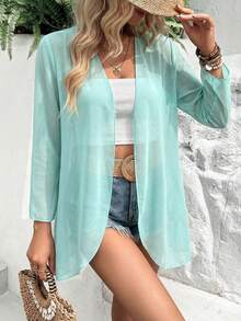 EARO Vacation Casual Solid Color Flare Sleeve Sheer Lightweight Jacket - Mint Blue - View 4