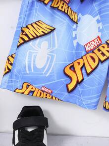 Marvel 青少年男孩蜘蛛侠主题印花短袖T恤+短裤套装，适合夏季户外日常穿着 - 藍色 - 查看 8