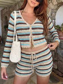 Women's Y2K 2pcs Colorblock Striped Hollow Out Cover Up Top & Shorts Set, Casual Bohemian Beach Vacation Outfit For Spring Summer - Light Blue - View 5
