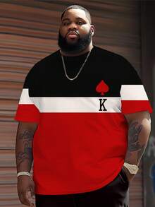 Camiseta Masculina Plus Size com Estampa Colorida de Coração e Letra K, Tecido de Malha de Poliéster, Gola Redonda, Caimento Casual, Design Gráfico Criativo - Vermelho - Visão 1