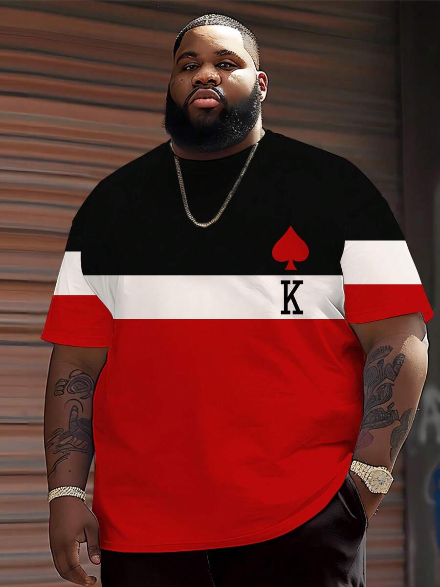 Camiseta Masculina Plus Size com Estampa Colorida de Coração e Letra K, Tecido de Malha de Poliéster, Gola Redonda, Caimento Casual, Design Gráfico Criativo - Vermelho - Visão 1
