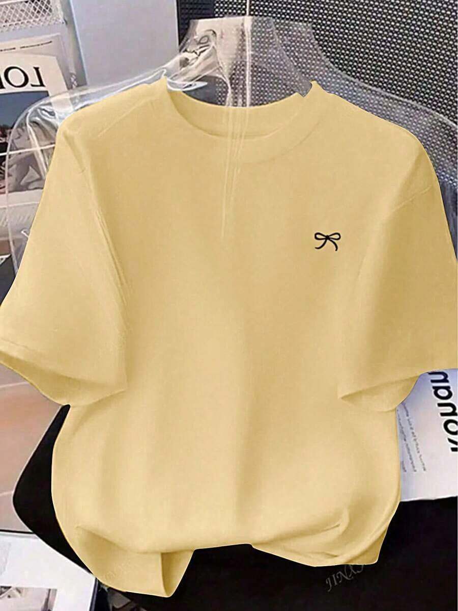 Camiseta de manga corta holgada con estampado de lazo y hombros anchos, casual, negra, de verano - Amarillo - Ver 1