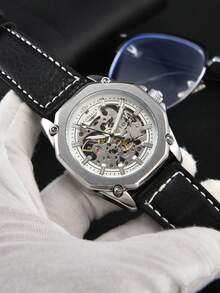 LONGLUX 1 pieza Reloj de pulsera casual para hombres con correa de cuero, automático, mecánico, hueco y resistente al agua - Negro - Ver 4