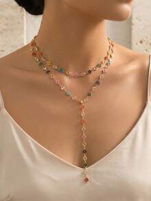 2pcs/Set Crystal Clover Handmade Chain Y-Necklace, Fashion Necklace Jewelry Suitable For Daily Wear, Dates, Parties, Music Festivals. Chain Length Can Be Customized, Random Color Arrangement. - Multicolor - View 1