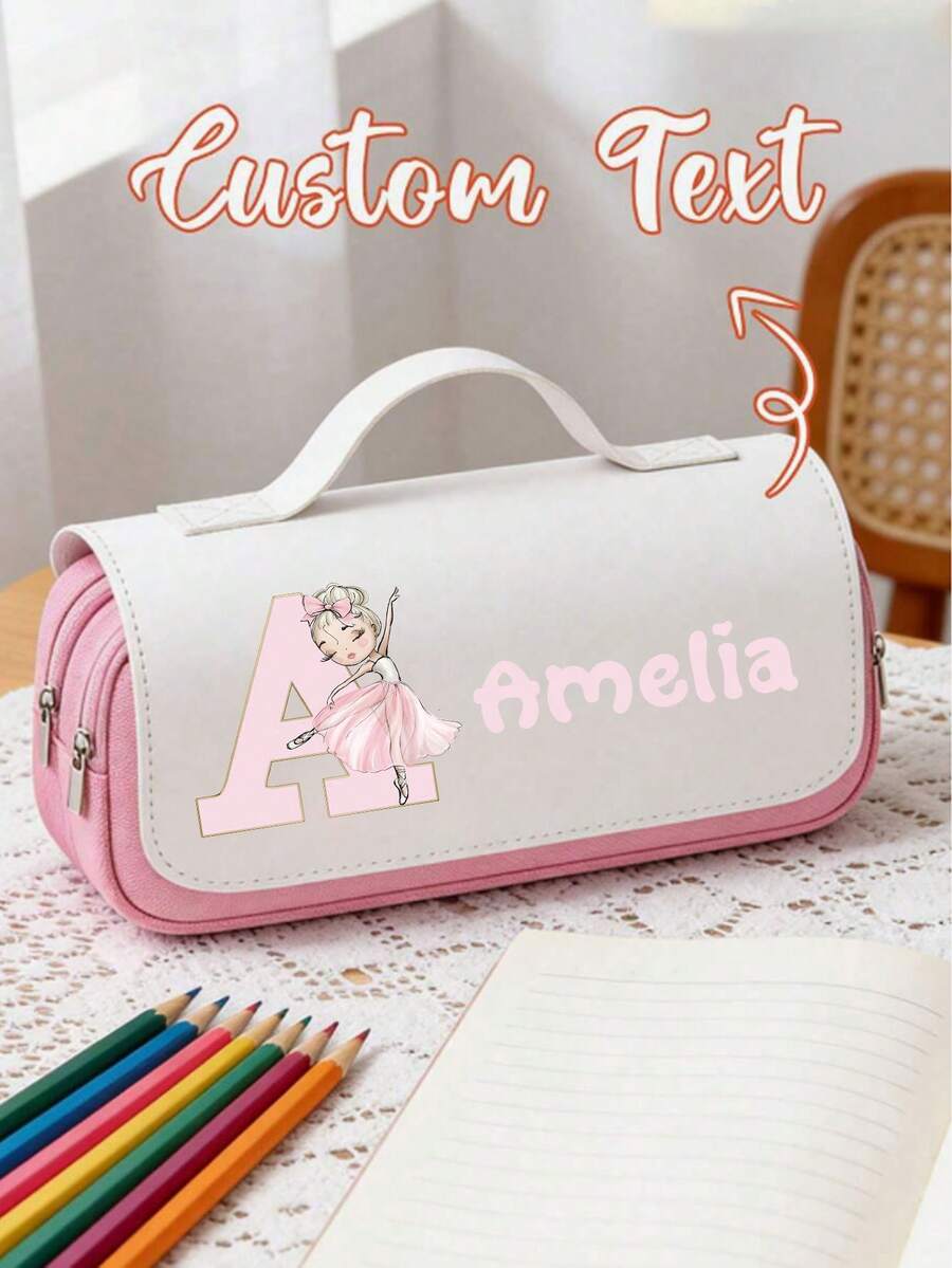 Personalized Customized Name Pencil Case With Dancer Pattern, 3-Layer Large Capacity, Perfect For Student Stationery Storage, Personalized Display, School Use And Holiday Gift