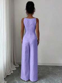 El mono de pierna ancha Elezga Elegante, con decoración de lazo en los hombros y estampado floral de margaritas en tela de brocado, es adecuado para el uso diario. - Morado - Ver 2