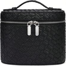 Neceser de maquillaje de viaje con compartimentos y asa, bolsa de aseo portátil para mujer, marrón, 19.3 x 14 x 15.2 cm, Clásico - Tejido medio-negro - Ver 2