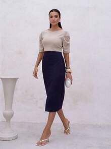 Linen Midi Skirt With Stylish Slit And Flexible Waistband - 藏蓝色 - 查看 3