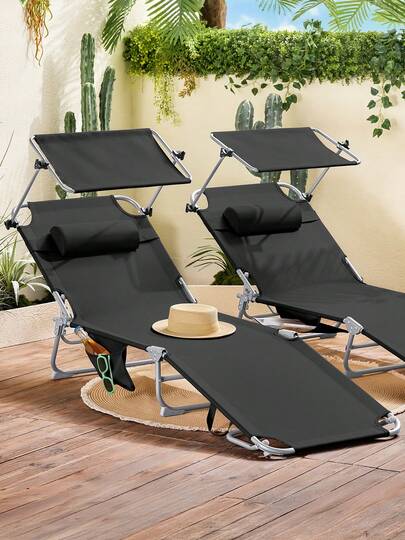  SoBuy 2-Piece Set Of Foldable Sun Loungers, Garden Loungers With Sunshade, Headrest & Side Pocket, Beach Lounger For Balcony, Black, 155x56x81cm, For Garden Furniture, Patio, Camping, OGS48-SCHx2