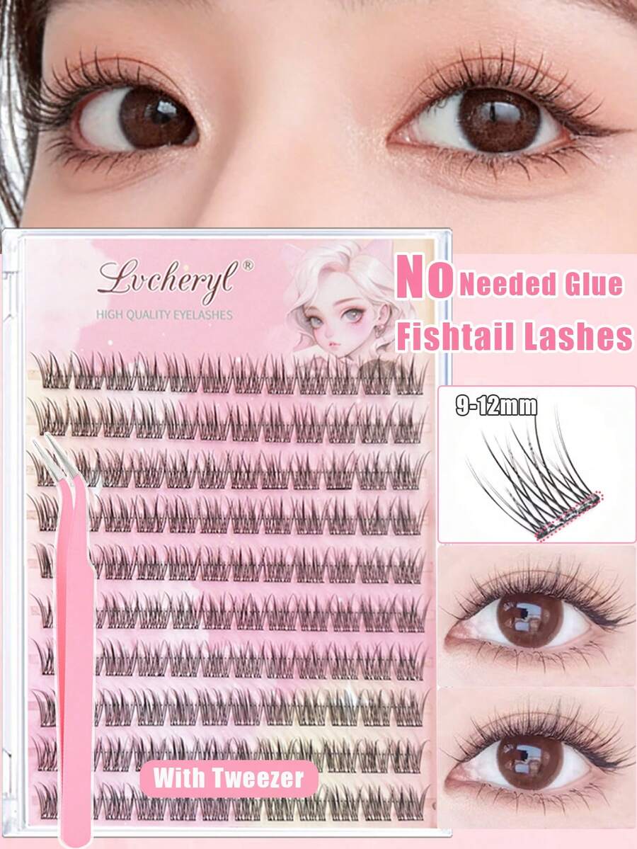 120 Clusters No Need Glue Fishtail Eyelashes With Tweezer ,Self-Adhesive Lashes Set,Natural Looking Soft Cluster Eyelashes Extension For Makeup