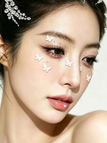 1pc Sweet Girl 3D Butterfly Face Sticker, Mermaid Round Bead Face Rhinestone Sticker, Photography Atmosphere Makeup Accessory, Hanfu Makeup Face Rhinestone Decor, Creative Makeup Styling Decoration Tool,Concert Look,Face Gems - Multicolor - View 3