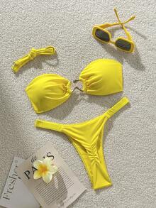 2pcs Women's Swimwear - Lemon Yellow Bikini Set With Metal Ring Decor And Ruched Design | Fresh Summer Beach Outfit Vacation - Yellow - View 7