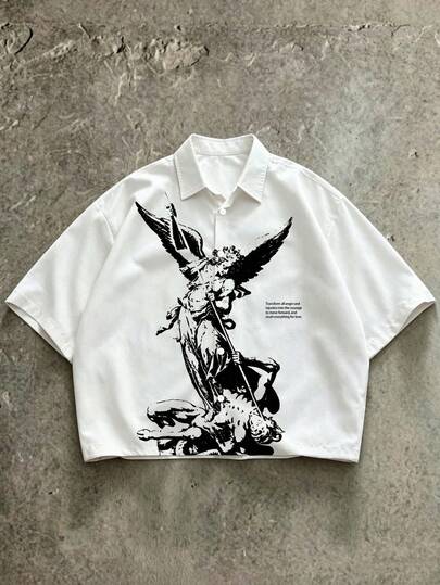  FRACTYR Męska letnia, luźna, tkana koszula z krótkim rękawem, z nadrukiem cyfrowym w stylu retro, z rzeźbiarskim portretem, stylowa i uniwersalna