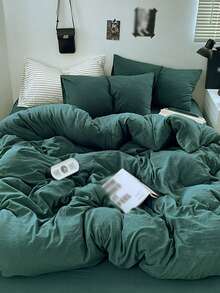 3pcs Blue & White Patchwork Soft Polyester Duvet Cover Set - Dark Green - View 2