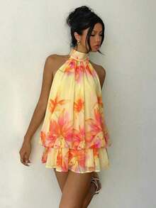 Elegant Women's Mini Dress With Halter Neck And Bow In Light Yellow - Multicolor 2 - View 7