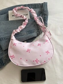 1 chiếc túi đeo vai bằng vải nylon màu hồng, khóa kéo trơn, dây rút, nơ, in chấm bi, thời trang, đa năng, phong cách tối giản, mùa xuân/hè, mẫu mới độc đáo, phù hợp cho nữ sử dụng hàng ngày. - Hồng - Xem 7