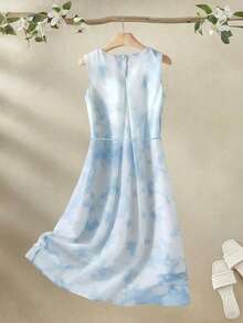 Women's Casual Round Neck Commuter Chiffon Crinkle Tie Dye Print Loose Waist A-Line Dress, Summer Elegant - Blue and White - View 2