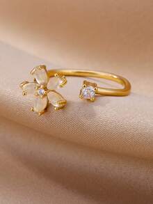 18K Gold Plated Stainless Steel Adjustable Ring With Cute White Agate Flower, Charming Accessory For Party, Vacation, Daily Wear, Gift For Her/Mom/Best Friend - Stainless Steel - View 8