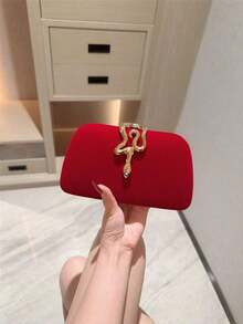 1pc Glamorous Metallic Snake Decor Clutch Bag, Luxury Shiny Vintage Gold Box Style Mini Purse, Fashionable, Charming, Elegant Women's Evening Handbag, Suitable For Wedding, Themed Formal Party, Prom, Birthday Celebration, Comes With Chain - 紅色 - 查看 4