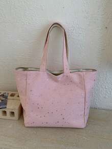 1 pieza Bolso de hombro reversible con estampado floral y estrella, de estilo casual y ligero. Correa cómoda, gran capacidad, plegable. Adecuado para escuela, viajes, compras, citas, regalo. Apto para mujeres, adolescentes, estudiantes universitarias, oficina, universidad, trabajo, transporte, exterior, viajes. - Rosa - Ver 8