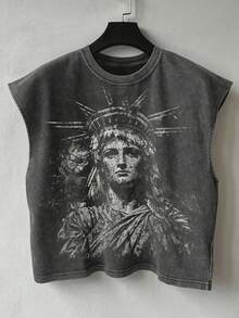 Camiseta casual de cuello redondo para hombre, diseño holgado sin mangas, efecto lavado retro de camiseta de tirantes - Negro - Ver 1