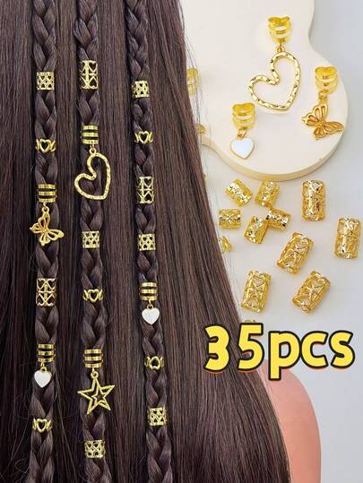 35pcs DIY Heart, Star, Butterfly Hair Scrunchies Accessories, Hollow Metal Adjustable, Fashion Minimalist Beaded, Suitable For Women, Claw Clips