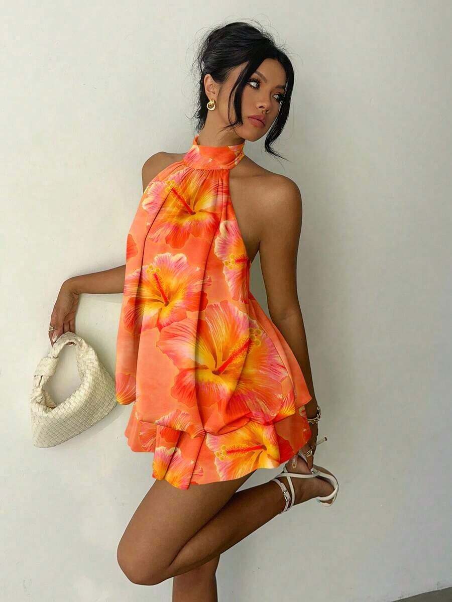 Vestido mini elegante de mujer con cuello halter y lazo en color amarillo claro - Multicolor 7 - Ver 1