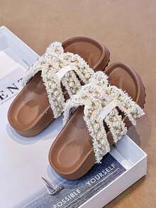 1 Pair Girls Pearl Decor Sandals, Children's Soft Bottom Non-Slip Slippers, Toddler Summer Fashionable Slides - Beige - View 7