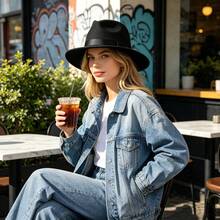 Unisex Vintage Fedora Hat, Adults Classic Wide Brim Bowknot Jazz Cap Black, Grey - 黑色 - 查看 6