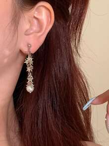 1 Đôi bông tai tối giản cá nhân hóa hình ngôi sao bạc đính ngọc trai giả, thanh lịch, độc đáo, tinh tế, thời trang, đa năng, phù hợp cho nữ giới hàng ngày, thường ngày và ngày lễ. - Bạc - Xem 5