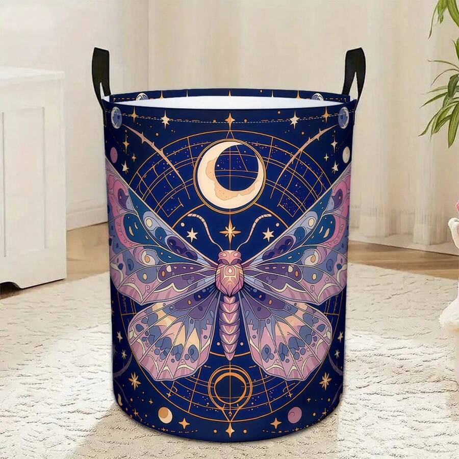 1PC Mystical Moon Moth Print Laundry Hamper, Celestial Astrology Collapsible Storage Basket For Bedroom Decor - Blue - View 1