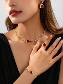 Conjunto de colgante cuadrado elegante de esmalte de 5 piezas, que incluye collar, pulsera, anillo y aretes con pedrería para mujeres, perfecto para uso cotidiano, fiesta, festival y como regalo para mujeres - Juego de 5 piezas/juego de collar, pulsera, anillo y pendientes. - Ver 20