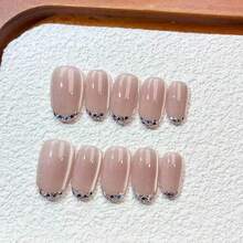 Get The Ultimate Luxury Salon Manicure Experience At Home! 10Pcs Handmade Press On Nails Set, Short Length Short Oval Fake Nails, Elegant Minimalist French Style False Nails With Silver Rhinestone & Glitter Pattern, Classic French Tip Design - Multicolor - View 11