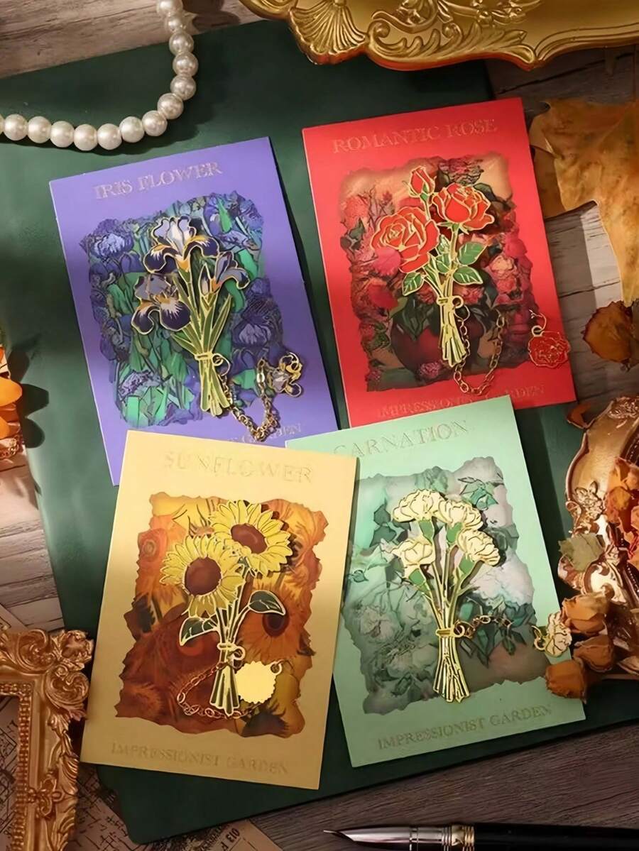 1 pieza Marcapáginas de metal con forma realista de hoja, de arce, girasol, rosa, monstera, mariposa, marcapáginas elegantes vintage, regalos creativos de alta calidad para amigos - multicolor - Ver 1