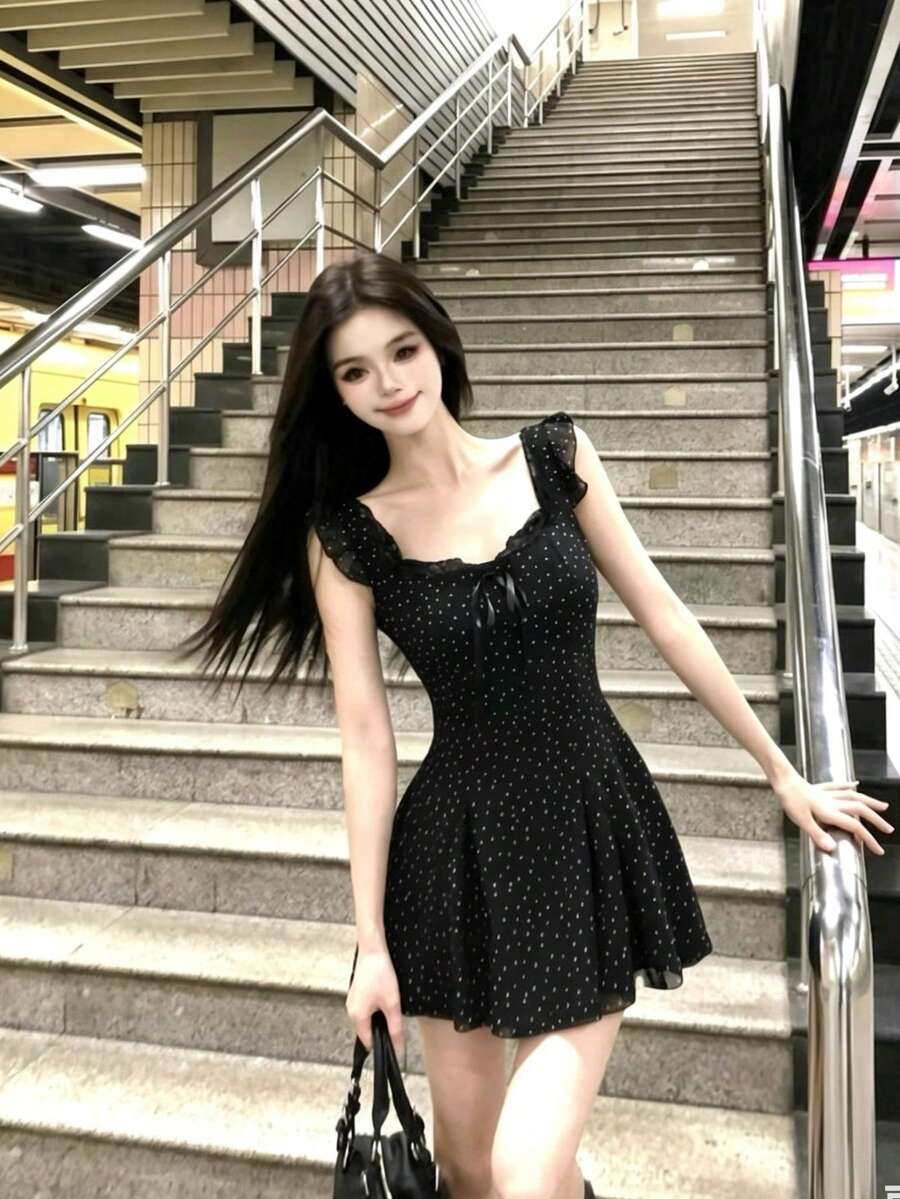 法式波点吊带连衣裙，女士夏季新款短袖精美迷你裙，优雅 - 黑色 - 查看 1