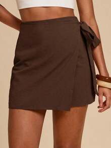 Elegante falda envolvente de mujer en color caqui, con diseño de lazo ajustable.Estilo minimalista y versátil, ideal para oficina y uso casual en verano, prenda chic y cómoda para cualquier ocasión. - Café integral - Ver 5