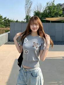 2026夏季新款女士刺绣修身短袖针织T恤，时尚灰色，韩版风格 - 灰色 - 查看 4