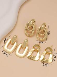 3 pares de pendientes de clip en espiral lisos de acero inoxidable con forma de C de moda para mujeres - Amarillo Oro - Ver 3