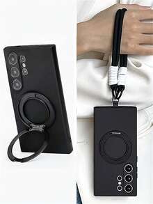 1个磨砂液态硅胶软手机壳 + 360°旋转磁吸指环支架，带短绳，兼容三星Galaxy S26 Ultra S26 Plus S25 Ultra S24 Ultra S23 Ultra S22 Ultra S25 S24 Plus A55，时尚摄像头镜头保护，亲肤防摔边框，带挂绳 - 黑色 - 查看 2
