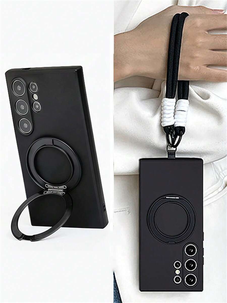 1个磨砂液态硅胶软手机壳 + 360°旋转磁吸指环支架，带短绳，兼容三星Galaxy S26 Ultra S26 Plus S25 Ultra S24 Ultra S23 Ultra S22 Ultra S25 S24 Plus A55，时尚摄像头镜头保护，亲肤防摔边框，带挂绳